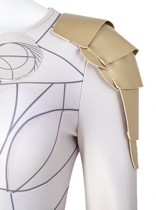 Eternals Thena Beige Battle Suit Design Combination 2 Halloween Cosplay Costume Golden Shoulder Armors