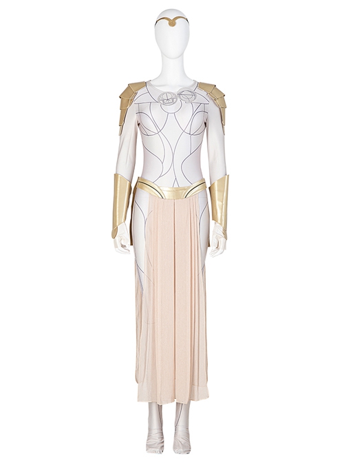 Eternals Thena Beige Battle Suit Design Combination 2 Halloween Cosplay Costume Golden Shoulder Armors