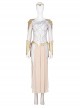 Eternals Thena Beige Battle Suit Design Combination 2 Halloween Cosplay Costume Golden Shoulder Armors