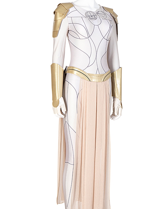 Eternals Thena Beige Battle Suit Design Combination 2 Halloween Cosplay Costume Golden Handguards