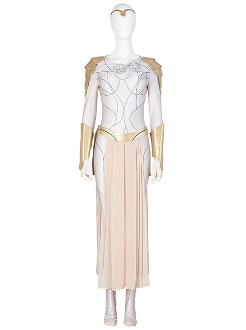 Eternals Thena Beige Battle Suit Design Combination 2 Halloween Cosplay Costume Golden Handguards