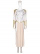 Eternals Thena Beige Battle Suit Design Combination 2 Halloween Cosplay Costume Golden Handguards