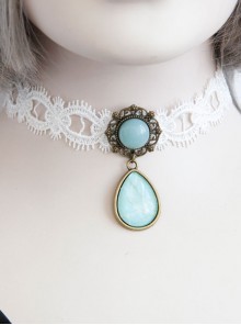 Fashion Baroque Vintage White Lace Blue Artificial Gemstone Pendant Female Short Necklace