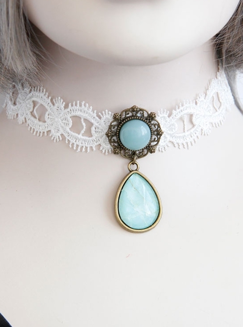 Fashion Baroque Vintage White Lace Blue Artificial Gemstone Pendant Female Short Necklace