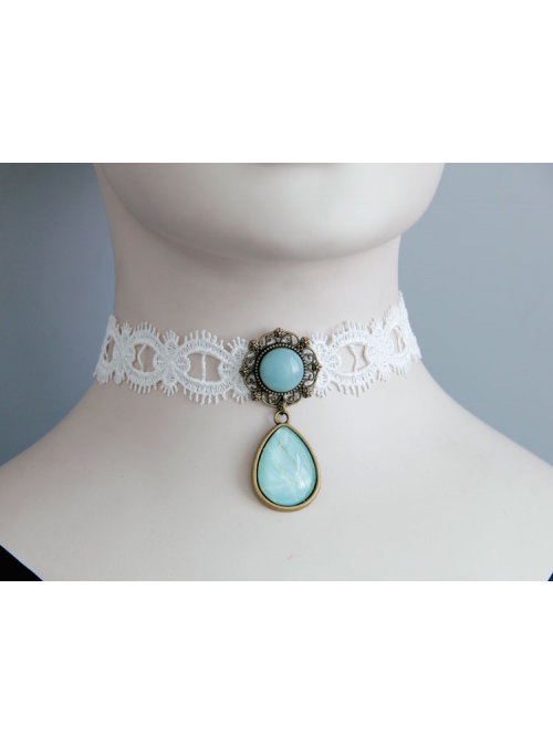 Fashion Baroque Vintage White Lace Blue Artificial Gemstone Pendant Female Short Necklace
