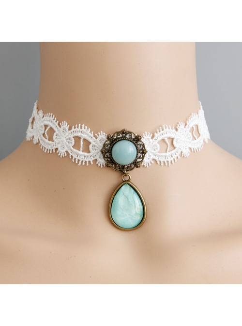 Fashion Baroque Vintage White Lace Blue Artificial Gemstone Pendant Female Short Necklace