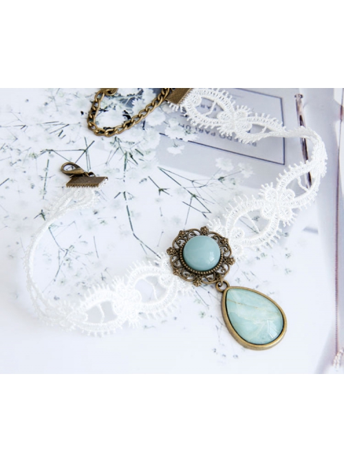 Fashion Baroque Vintage White Lace Blue Artificial Gemstone Pendant Female Short Necklace