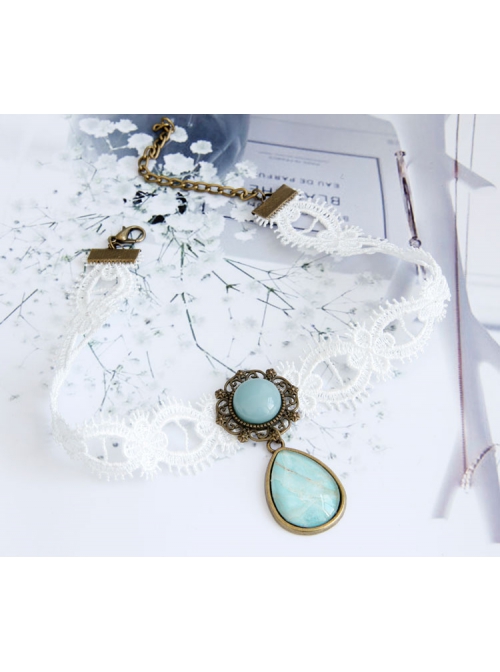 Fashion Baroque Vintage White Lace Blue Artificial Gemstone Pendant Female Short Necklace