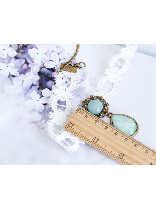 Fashion Baroque Vintage White Lace Blue Artificial Gemstone Pendant Female Short Necklace