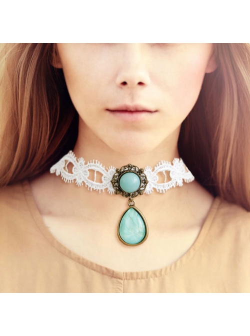Fashion Baroque Vintage White Lace Blue Artificial Gemstone Pendant Female Short Necklace