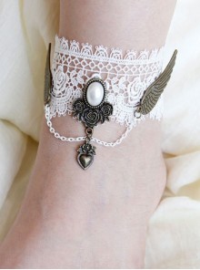 Handmade Retro Fashion White Lace Pearl Love Rose Wings Female Anklet