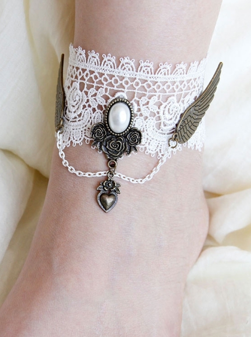 Handmade Retro Fashion White Lace Pearl Love Rose Wings Female Anklet