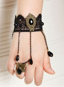 Baroque Palace Style Gothic Retro Fashion Black Tassel Lace Bracelet With Ring One Chain