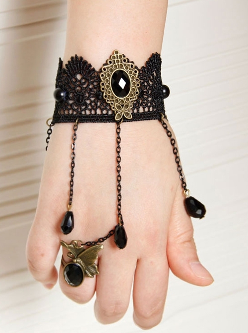 Baroque Palace Style Gothic Retro Fashion Black Tassel Lace Bracelet With Ring One Chain