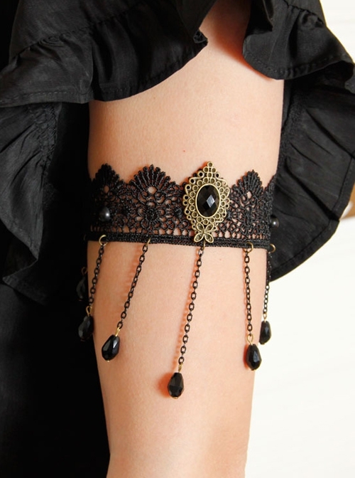 Creative Fashion Retro Gothic Black Tassel Lace Artificial Crystal Female Armband