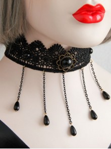 Retro Gothic Trend Black Lace Pearl Tassel Flower Fashion Female Choker