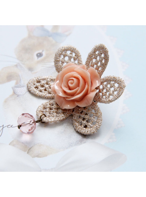 All-Match Retro Fashion Cute Golden Lace Pink Flowers Female Sweater Brooch