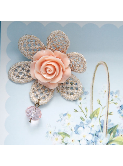 All-Match Retro Fashion Cute Golden Lace Pink Flowers Female Sweater Brooch