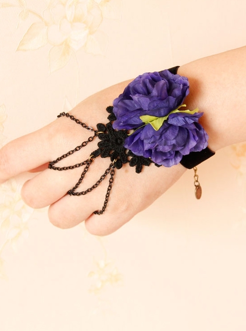 Fashion Retro Personality Velvet Rope Purple Flowers Black Lace Tassel Female Bracelet