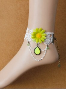 Sweet Retro White Lace Green Flowers Tassels Gemstone Pendant Women Fashion Anklet