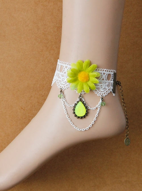 Sweet Retro White Lace Green Flowers Tassels Gemstone Pendant Women Fashion Anklet