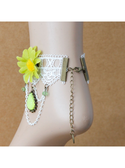 Sweet Retro White Lace Green Flowers Tassels Gemstone Pendant Women Fashion Anklet