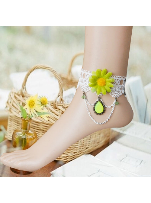 Sweet Retro White Lace Green Flowers Tassels Gemstone Pendant Women Fashion Anklet