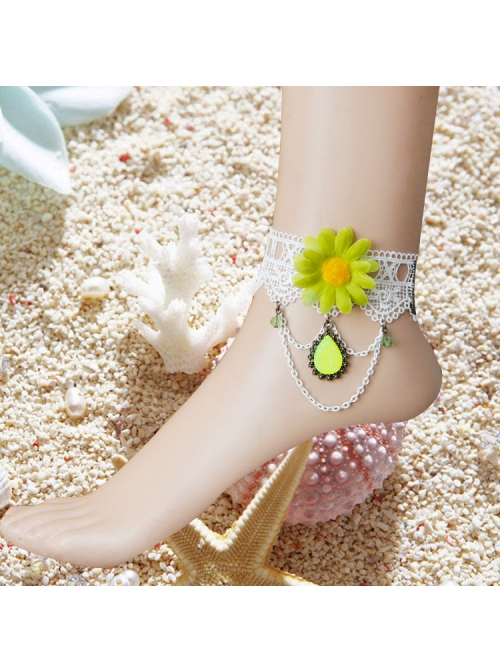 Sweet Retro White Lace Green Flowers Tassels Gemstone Pendant Women Fashion Anklet
