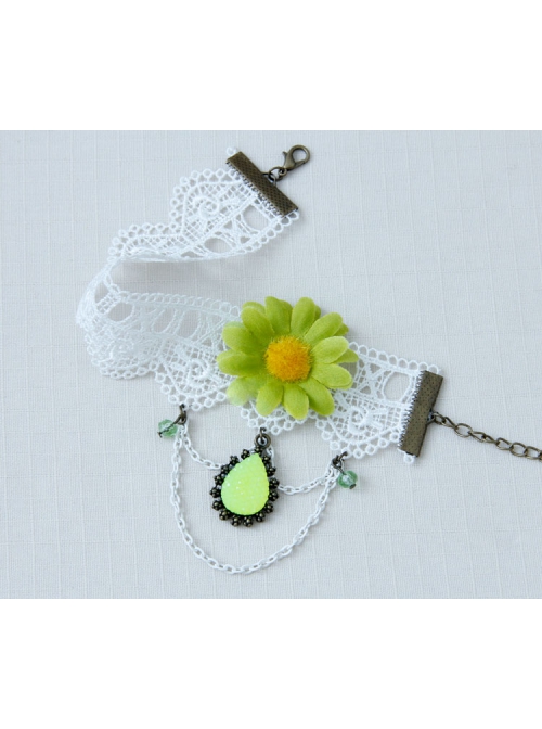 Sweet Retro White Lace Green Flowers Tassels Gemstone Pendant Women Fashion Anklet
