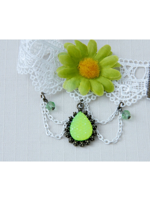 Sweet Retro White Lace Green Flowers Tassels Gemstone Pendant Women Fashion Anklet
