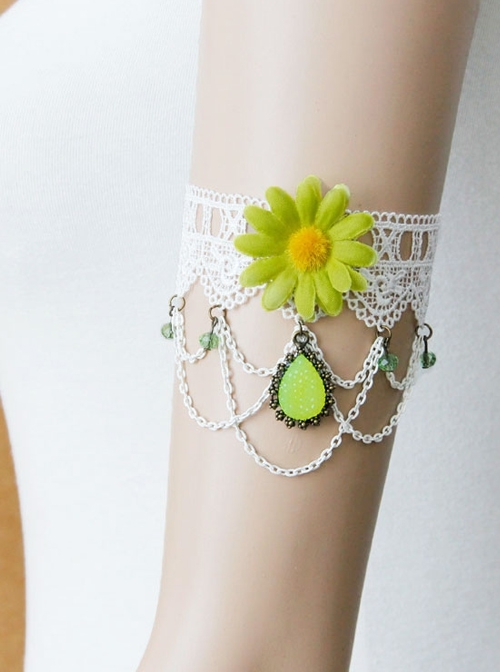 Fashion Retro Bride Green Flowers White Lace Tassels Gemstone Pendant Female Armband