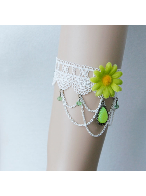 Fashion Retro Bride Green Flowers White Lace Tassels Gemstone Pendant Female Armband