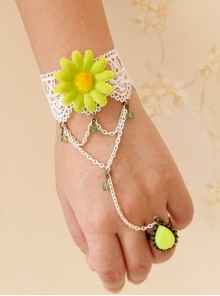 Personality Fashion Retro White Lace Green Small Chrysanthemum Gemstone Female With Ring Bracelet