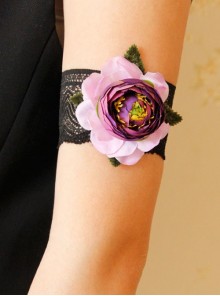 Fashion Retro Personality Black Lace Pink Flowers Green Leaves Wide Female Armband