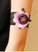 Fashion Retro Personality Black Lace Pink Flowers Green Leaves Wide Female Armband