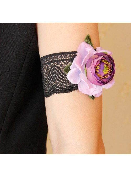 Fashion Retro Personality Black Lace Pink Flowers Green Leaves Wide Female Armband