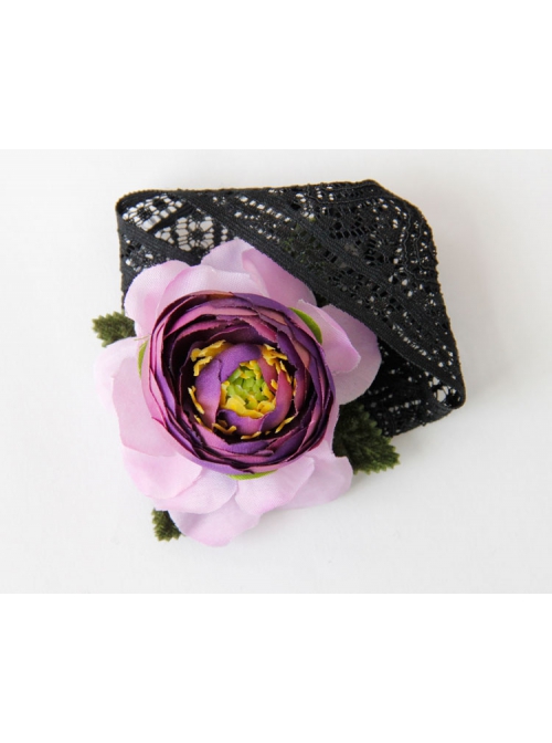 Fashion Retro Personality Black Lace Pink Flowers Green Leaves Wide Female Armband