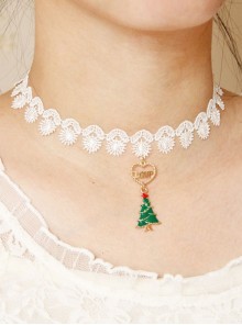 Simple Retro Fashion Christmas Green Small Tree Love White Lace Female Short Necklace