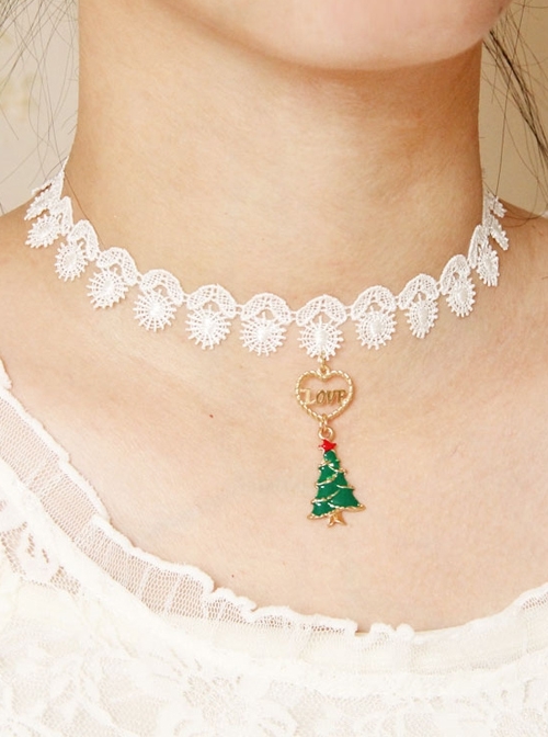 Simple Retro Fashion Christmas Green Small Tree Love White Lace Female Short Necklace