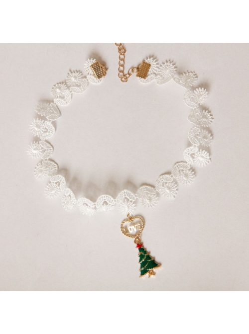 Simple Retro Fashion Christmas Green Small Tree Love White Lace Female Short Necklace