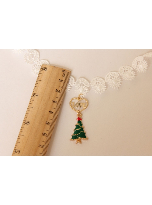 Simple Retro Fashion Christmas Green Small Tree Love White Lace Female Short Necklace