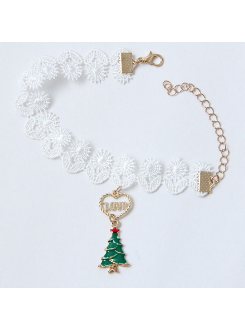 Personality Retro Fashion Christmas Green Tree Golden Love Letter White Lace Female Anklet