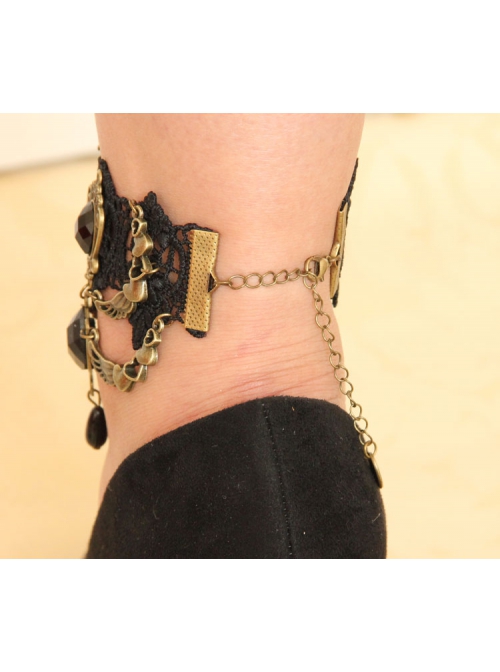Retro Personality Gothic Fashion Wings Black Lace Gemstone Female Anklet