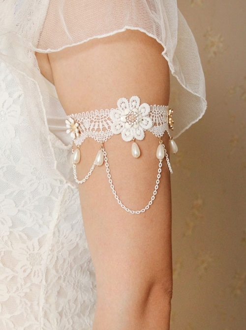 Lolita Baroque Fashion Retro White Lace Married Flower Pearl Tassel Female Armband