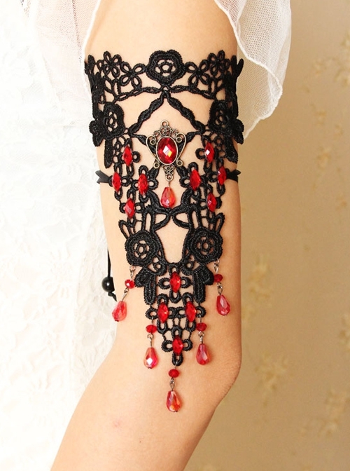 Gothic Punk Retro Fashion Black Lace Ruby Tassel Wide Female Armband