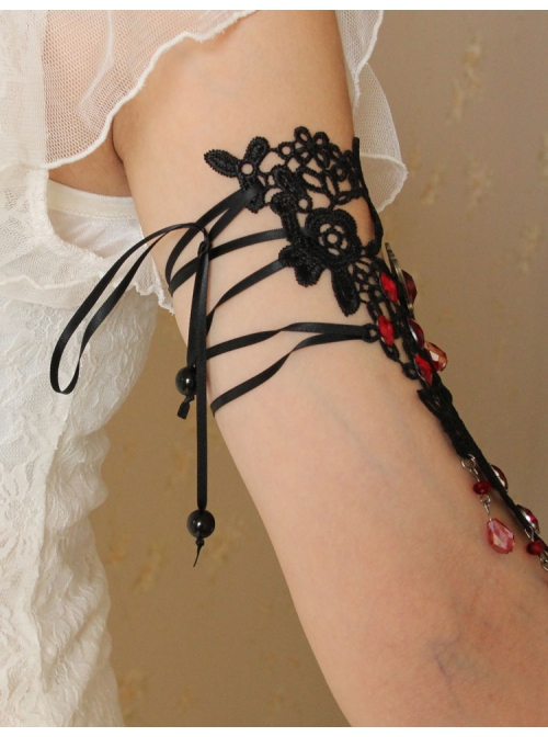 Gothic Punk Retro Fashion Black Lace Ruby Tassel Wide Female Armband