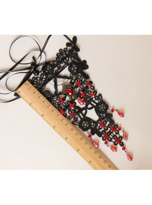 Gothic Punk Retro Fashion Black Lace Ruby Tassel Wide Female Armband