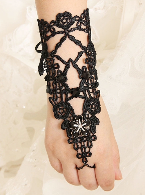 Retro Gothic Fashion Black Long Lace Flower With Ring Female Bracelet