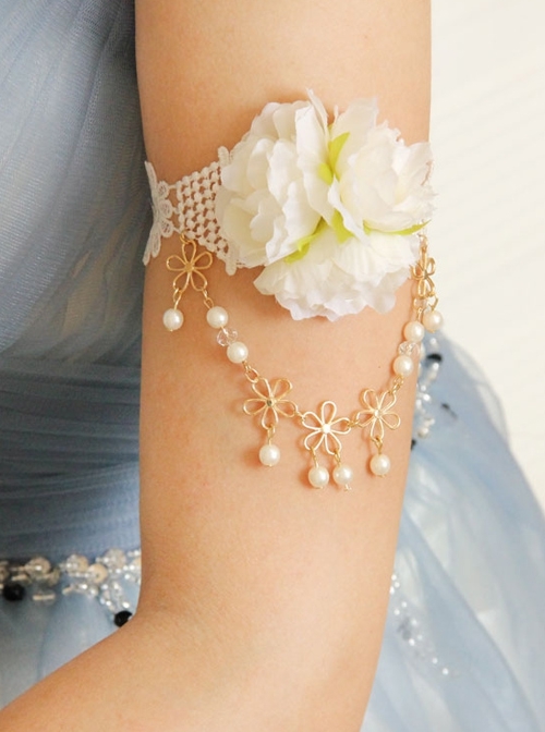 Fashion Retro Baroque White Flower Pearl Lace Tassel Female Armband