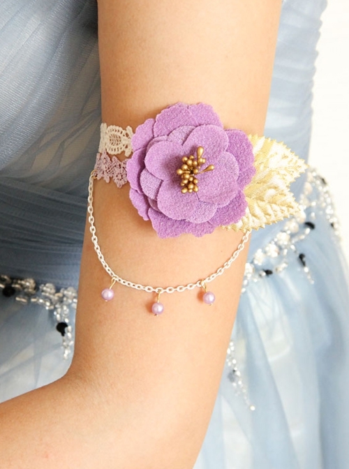 Fashion Retro Holiday Purple Flowers Pearl White Leaves Lace Female Armband